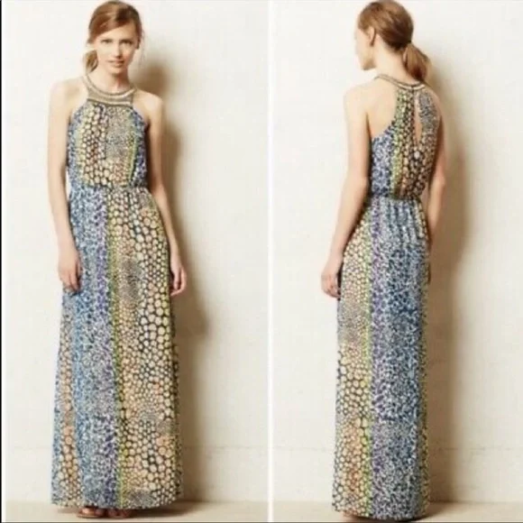 Anthropologie HD in Paris dress. Multicolor maxi with high neck beaded  detail